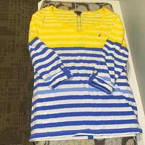 Nautica Blue and Yellow Stripe Three quarter sleeve shirt Size L EUC